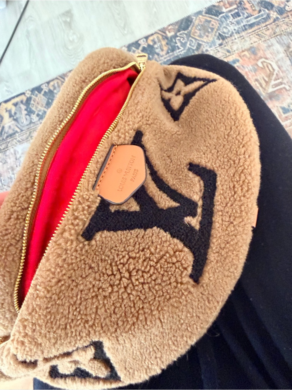 Brown Shearling Mini Pouch with Red Interior and Gold Hardware